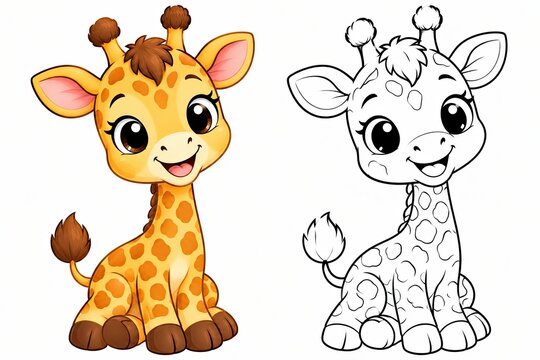 Cute cartoon baby giraffe character colored and black and white line art