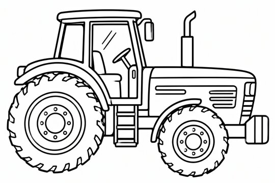 Black and white line art illustration of a farm tractor vehicle
