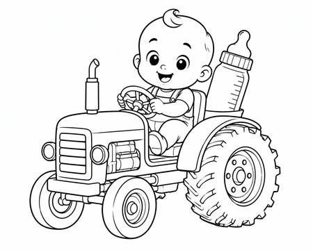 Cute baby boy sitting on a farm tractor illustration for coloring page