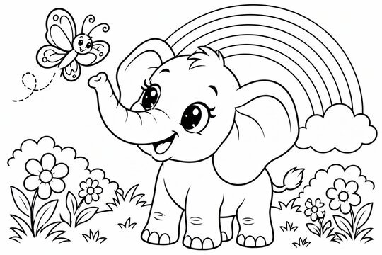 Cute cartoon elephant with a rainbow and flowers coloring page for kids
