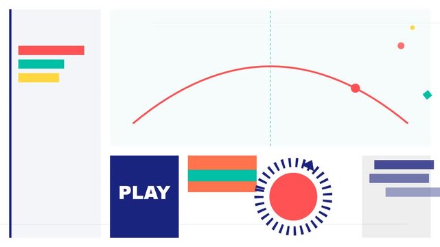 Animated infographic elements with graphs and play button