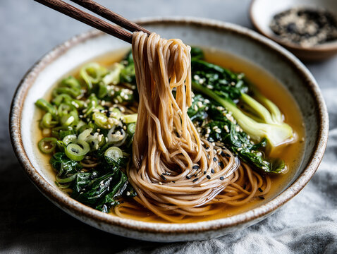 Japanese soba noodles with bok choy scallions and sesame seeds