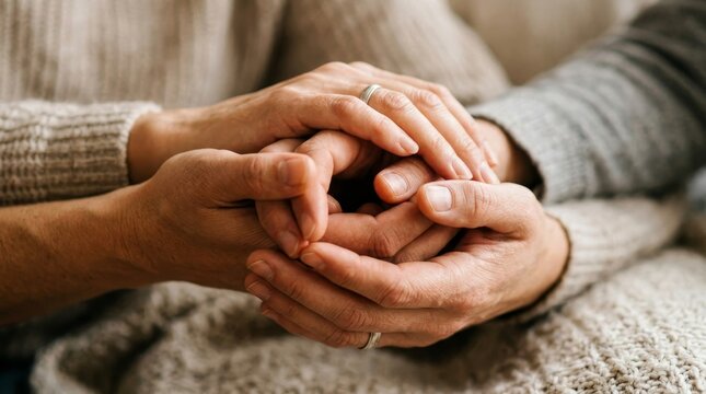 Comforting hands holding elderly person warmly indoors.
