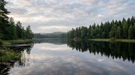 Obraz premium Serene Forest Lake Reflection Under Overcast Sky.