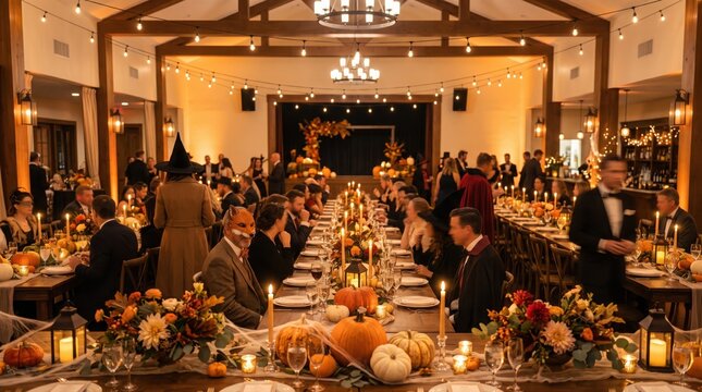 Elegant halloweenthemed wedding reception in a rustic barn venue with long banquet tables, pumpkins, autumn floral centerpieces, string lights, and guests in festive costumes