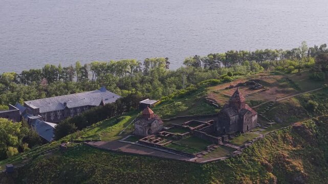 Aerial view of Sevanavank Monastery on Lake Sevan, Armenia.