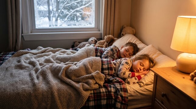 Two young siblings sleep peacefully together in a bed with stuffed animals near a window.