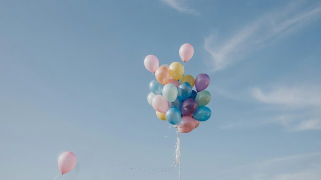 A colorful cluster of helium balloons floating high into a clear blue sky with clouds with colored balloons drifts vibrant multi colored drifts upward