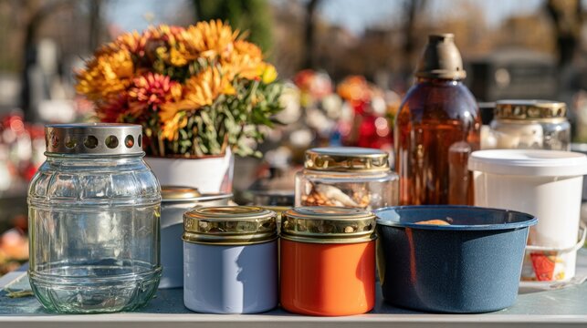 Variety of grave jars and votive candles with chrysanthemums and amber bottles for all saints day memorial decor for design card poster background