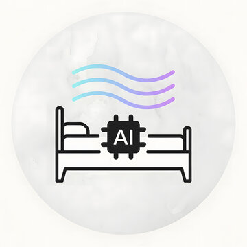 Bed icon featuring integrated artificial intelligence chip technology with gradient wavy lines for smart sleep systems