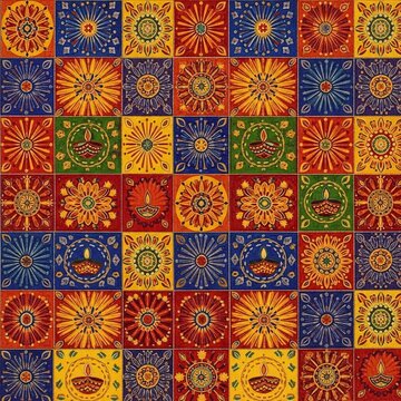 Colorful traditional Indian tile pattern with floral motifs and oil lamps for Diwali