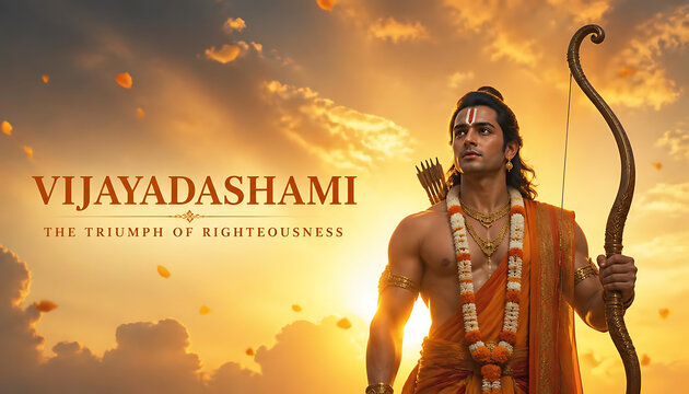 Lord rama holding a traditional bow on a sunny day for vijayadashami with hindu festival