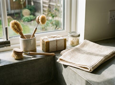 Sustainable kitchen cleaning tools including wooden dish brushes, natural soap bar, and cotton towel on concrete sink