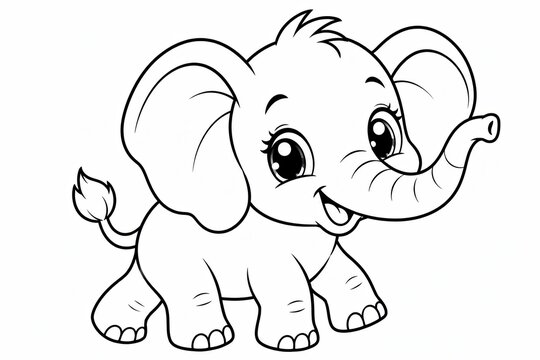 Cute little baby elephant line art drawing isolated on a white background
