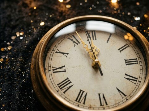 Vintage golden clock showing almost midnight on a dark textured background with golden glitter and bokeh lights