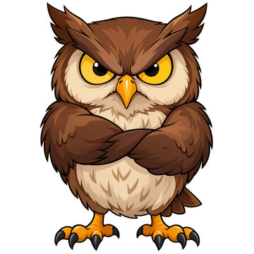 Angry owl with crossed wings and stern expression cartoon character isolated on transparent background