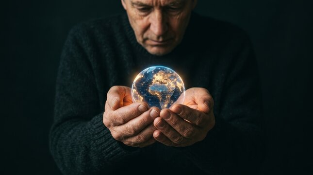 Contemplative man holding illuminated globe.