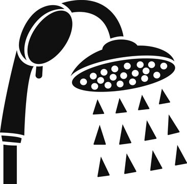 Stylish black shower head icon with water drops depicted as triangles on transparent background, great for modern bath and hygiene graphics.