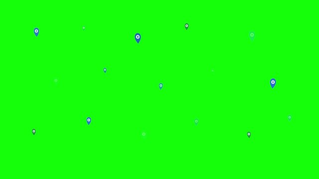 Multiple Blue GPS Map Pointers on Chroma Key Green Background