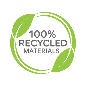 100% Recycled Material Icon. A clean, minimalist circular icon featuring two green leaves forming a recycling loop around the text 100% RECYCLED MATERIALS.