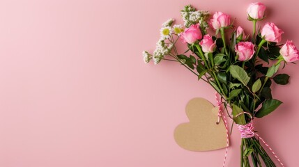 Obraz premium Elegant Bouquet of Pink Roses and White Daisies on Soft Pink Background with Heart Tag for Romantic Occasions