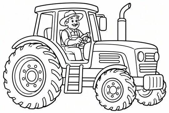 Black and white line drawing of a farm tractor for coloring book