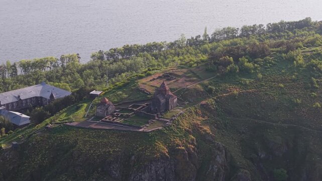 Aerial view of Sevanavank monastery on Lake Sevan, Armenia.