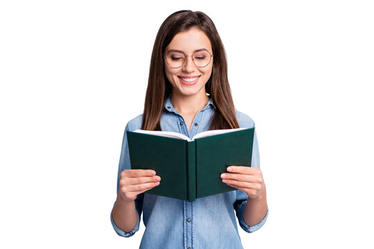 Photo of optimistic cute long hairdo lady reading book wear spectacles blue shirt isolated on grey color background