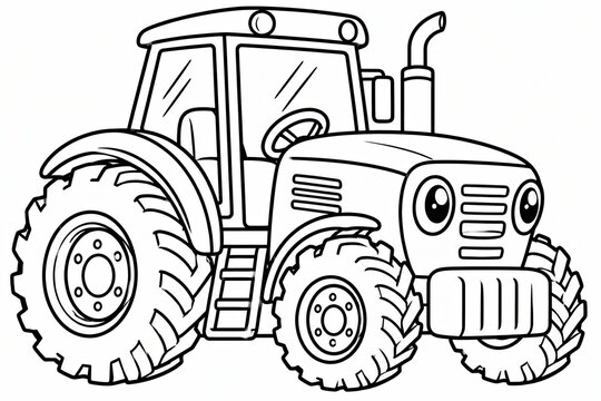 Black and white line art drawing of a farm tractor for coloring page