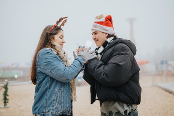 Naklejka premium A young couple wearing winter coats and festive hats hold hands and smile outdoors. The pair share a warm, playful moment at a foggy holiday amusement park.