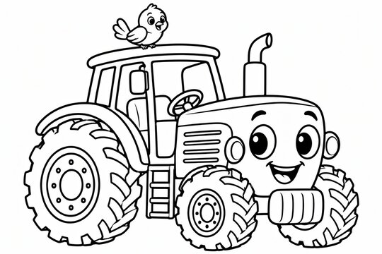 Cute cartoon tractor coloring page for kids with thick black outlines