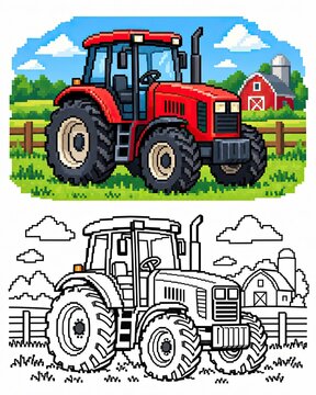 Red tractor in a farm field with a pixel art coloring page version