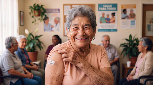 Smiling Senior Woman Proudly Showing Her Vaccination Bandage at a Community Clinic