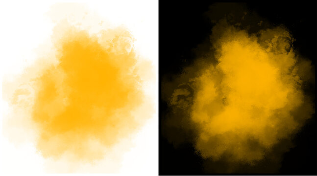 Golden yellow smoke explosion on white and black background, vibrant powder splash effect, abstract orange dust cloud for creative design