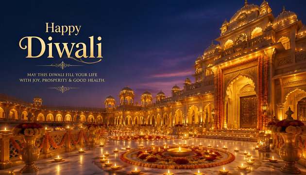 Happy diwali greeting card with illuminated temple architecture and traditional oil lamp decorations festival of lights oil lamps traditional decoration