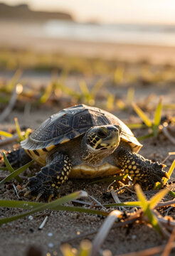 Wildlife conservation and biodiversity, small turtle walking on sandy beach at sunset with golden hour light for environmental protection and nature