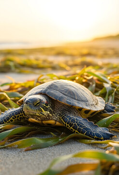 Marine conservation and biodiversity, sea turtle resting on beach seaweed at sunset for environmental protection and wildlife habitat preservation