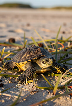 Biodiversity and wildlife conservation, young turtle crawling on sandy beach with coastal vegetation in natural habitat during golden hour sunset light