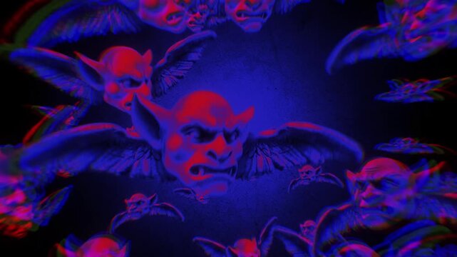 Animated gargoyle heads with wings flying in puppet stop-motion style. Gargoyles with outstretched wings in a looping flight motion, rendered with a handmade, tactile aesthetic. 