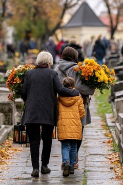 Family cemetery visit with flowers and lanterns for all saints day remembrance and memorial design card poster editorial use