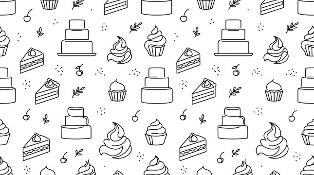 Hand Drawn Doodle Cake and Cupcake Pattern Background.