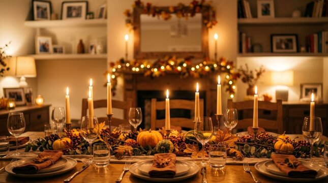 Warmly Lit Thanksgiving Feast with Decorated Table.