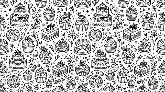 Seamless Pattern of Delicious Desserts and Sweet Treats Hand-Drawn Style.