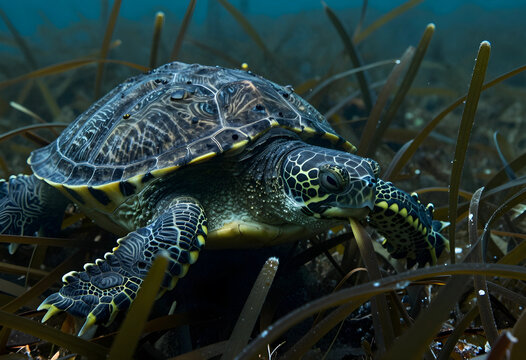 Marine conservation and biodiversity, green sea turtle feeding on seagrass in the ocean, endangered wildlife and aquatic ecosystem protection
