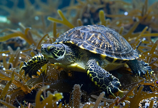Marine conservation and biodiversity, hawksbill sea turtle swimming through underwater kelp forest in ocean habitat for environmental protection awareness