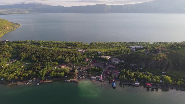 Aerial view of Lake Sevan in Sevan, Armenia.
