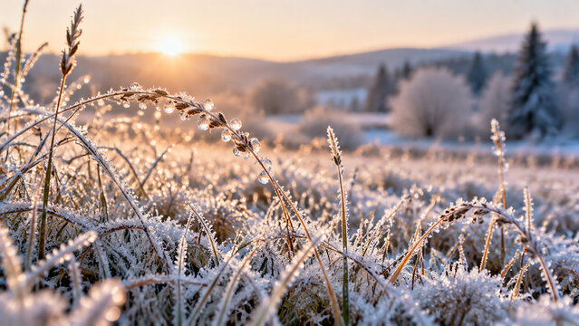 Frost covered grass in a meadow at sunrise, winter landscape with frozen plants and golden sunlight, shallow depth of field