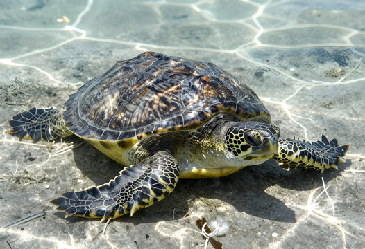 Marine conservation and ocean biodiversity, green sea turtle swimming in shallow tropical water with sunlight patterns on the sandy ocean floor