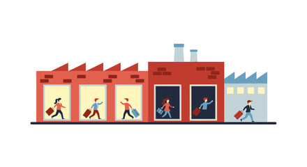 Obraz premium People with Suitcases Leaving Factory Building Illustration - Concept of Employee Turnover and Labor Migration