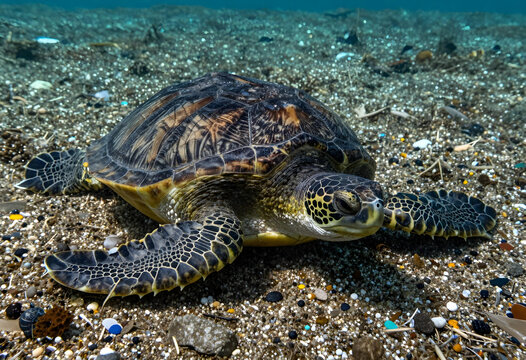 Marine conservation and plastic pollution, green sea turtle swimming over ocean floor covered in microplastics and waste in the deep blue sea